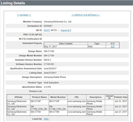 Galaxy C7 (2017) Bluetooth certification