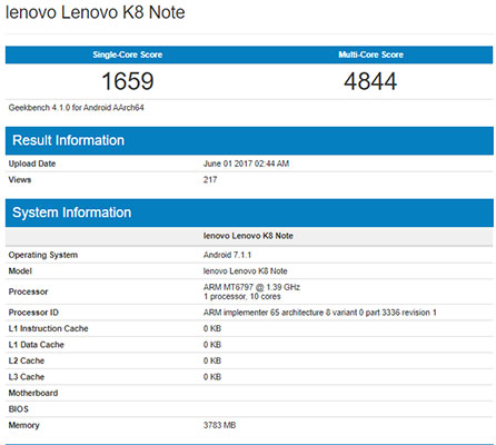 Lenovo K8 Note Geekbench listing